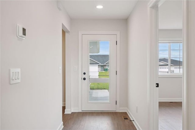 entryway with hardwood / wood-style floors