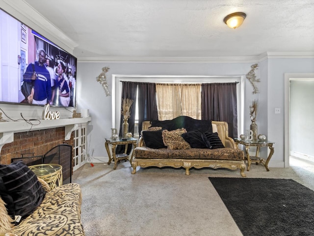 carpeted living room with crown molding, a fireplace, and a textured ceiling