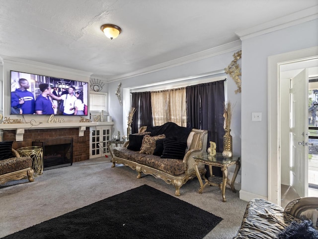 carpeted living room with crown molding, a brick fireplace, and a textured ceiling