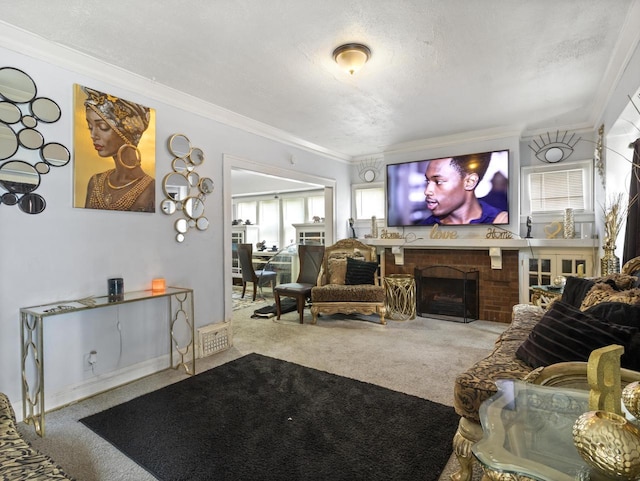 living room featuring ornamental molding, carpet floors, a textured ceiling, and a wealth of natural light