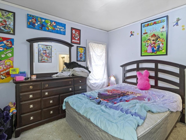 carpeted bedroom with ornamental molding