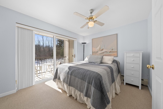 bedroom with ceiling fan, a baseboard radiator, light carpet, and access to outside