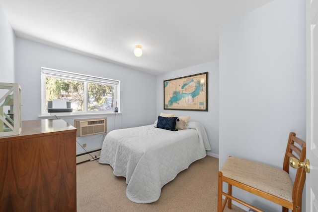 bedroom with a baseboard heating unit, light carpet, and an AC wall unit