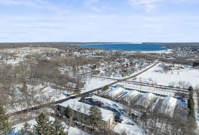 snowy aerial view with a water view