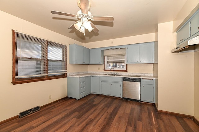 kitchen with ceiling fan, sink, stainless steel dishwasher, and dark hardwood / wood-style flooring