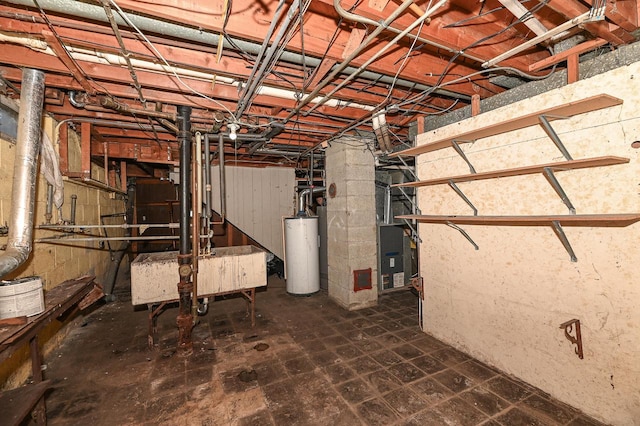 basement with heating unit and water heater