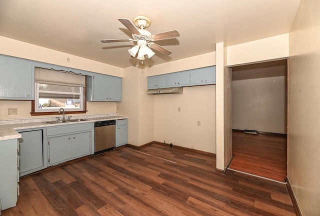 kitchen featuring ceiling fan, dark hardwood / wood-style flooring, dishwasher, and sink