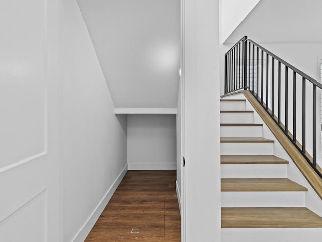 staircase with hardwood / wood-style flooring