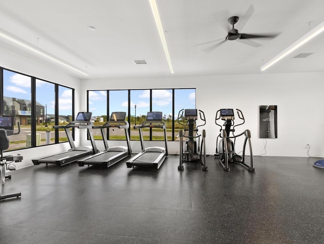 workout area featuring ceiling fan