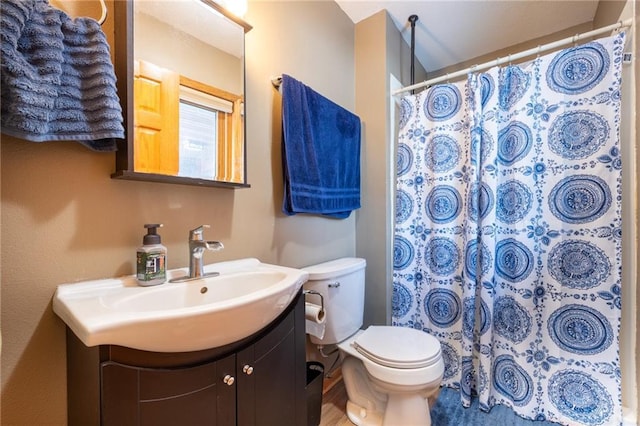 bathroom featuring a shower with curtain, vanity, and toilet