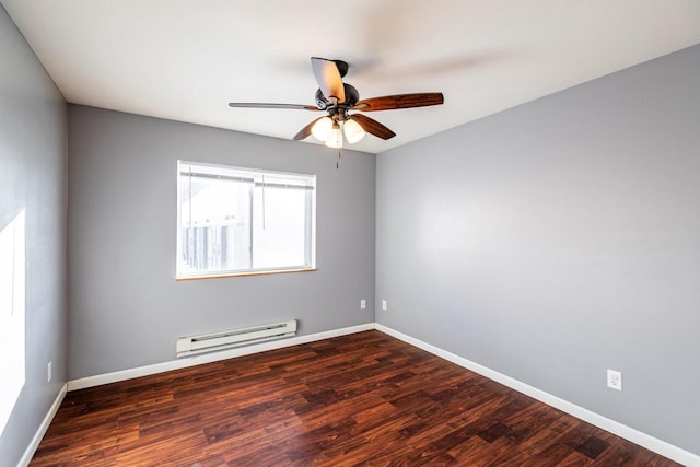 unfurnished room with ceiling fan, dark hardwood / wood-style floors, and baseboard heating