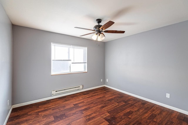 unfurnished room with a baseboard radiator, ceiling fan, and dark hardwood / wood-style flooring