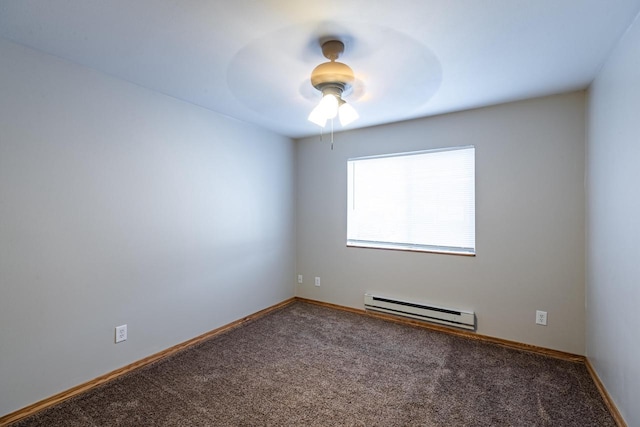 unfurnished room featuring carpet floors, ceiling fan, and baseboard heating