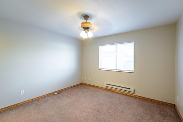 carpeted empty room featuring a baseboard radiator and ceiling fan