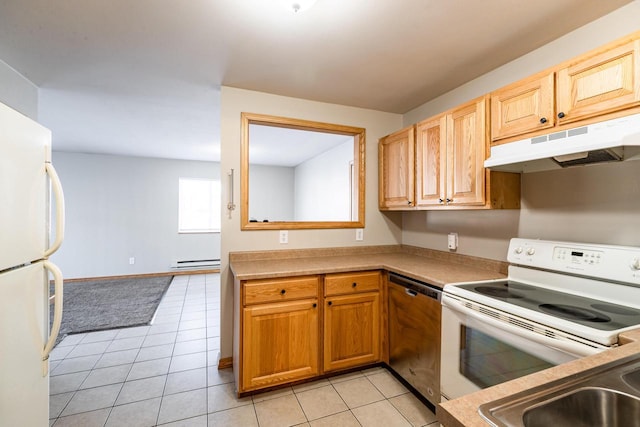 kitchen featuring light tile patterned floors, white appliances, and a baseboard radiator