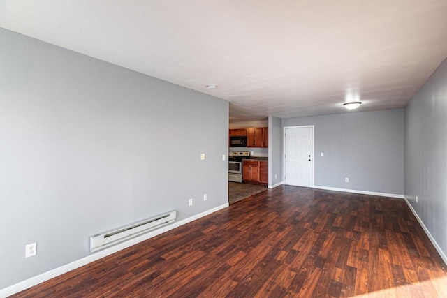 unfurnished living room featuring a baseboard radiator and dark hardwood / wood-style flooring