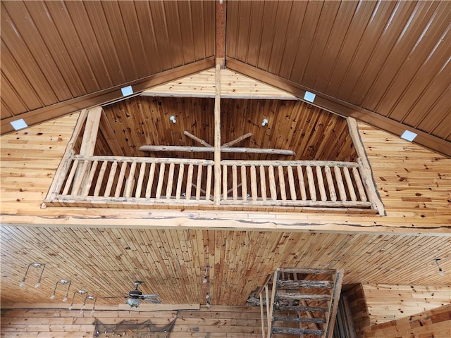 interior details featuring wooden ceiling and wooden walls