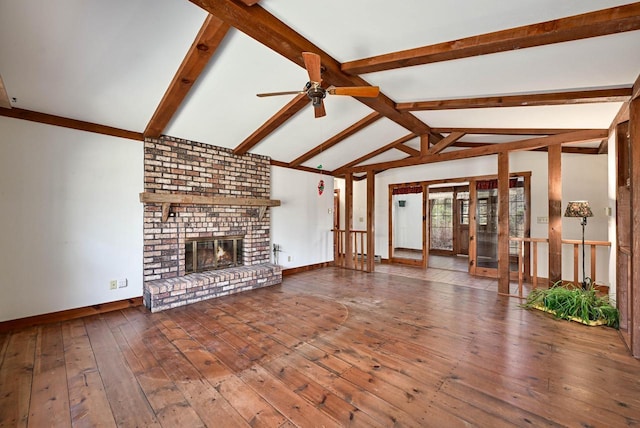 unfurnished living room with hardwood / wood-style flooring, ceiling fan, a fireplace, and french doors