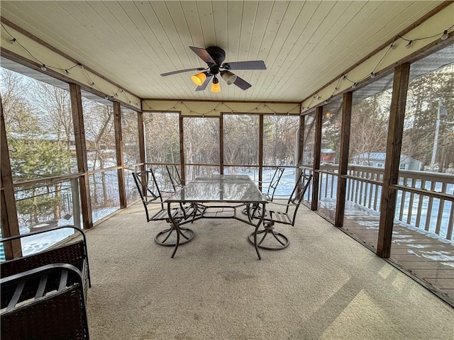 sunroom / solarium featuring wooden ceiling and ceiling fan