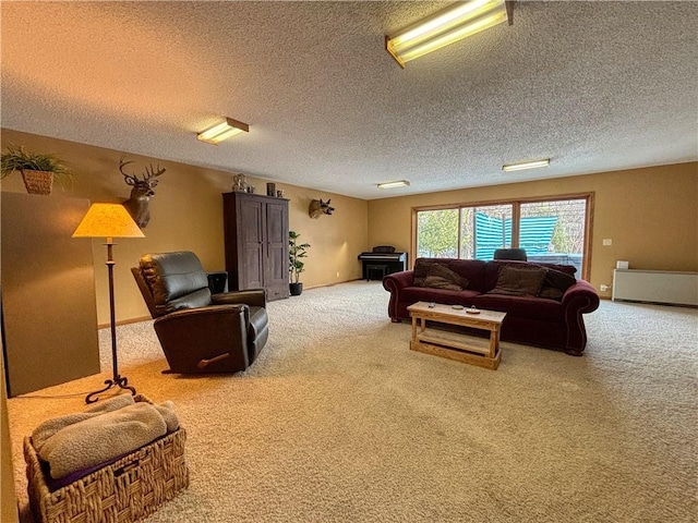 carpeted living room featuring a textured ceiling