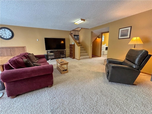 living room with carpet and a textured ceiling