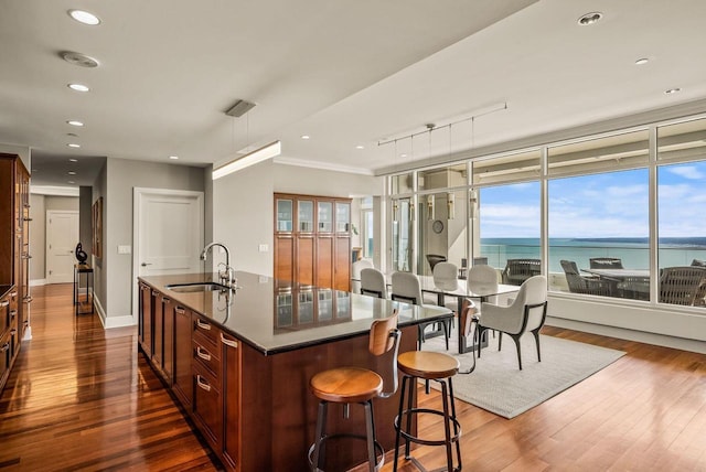 kitchen featuring sink, a kitchen island with sink, hanging light fixtures, a water view, and track lighting