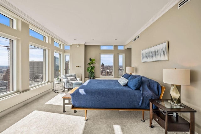 carpeted bedroom featuring ornamental molding