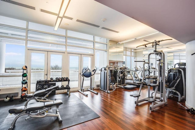 gym with french doors, floor to ceiling windows, and dark hardwood / wood-style floors