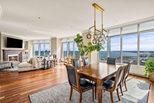 dining room featuring a water view, ornamental molding, and light hardwood / wood-style flooring