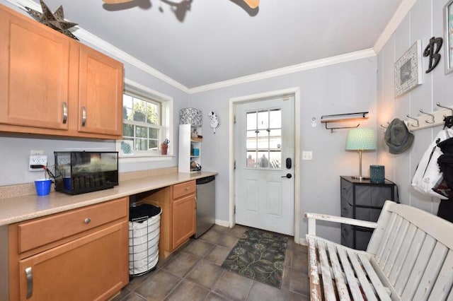 kitchen with crown molding, ceiling fan, and dishwasher