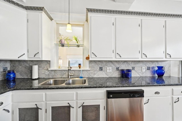 kitchen with sink, decorative light fixtures, dishwasher, decorative backsplash, and white cabinets