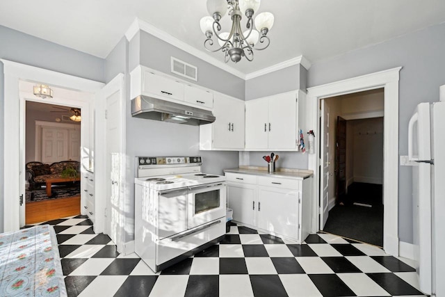 kitchen featuring white cabinetry, white appliances, crown molding, and a chandelier