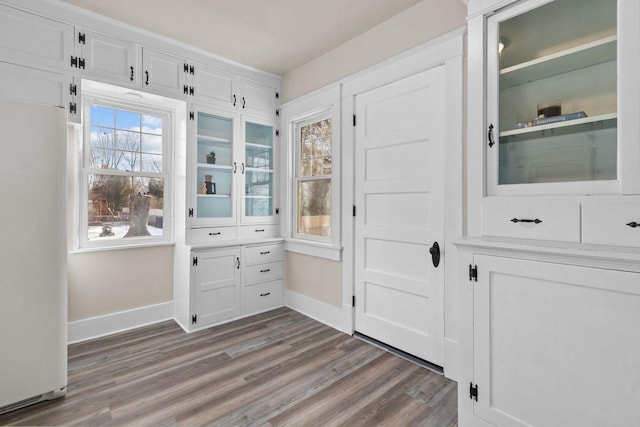 doorway with dark hardwood / wood-style flooring