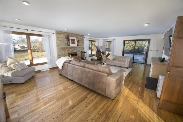 living room featuring a stone fireplace, light hardwood / wood-style flooring, and a wealth of natural light