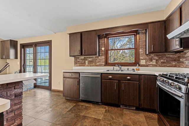 kitchen with sink, a wealth of natural light, dark brown cabinets, and stainless steel appliances