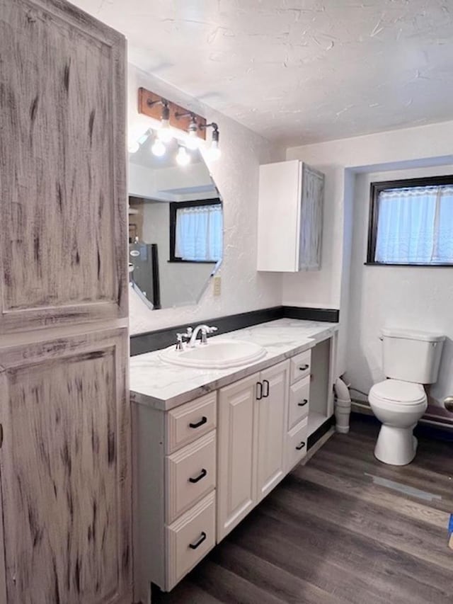 bathroom with hardwood / wood-style flooring, vanity, and toilet