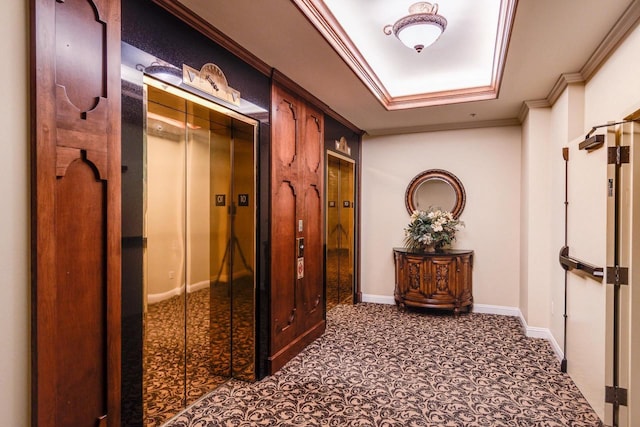 hallway featuring crown molding and elevator