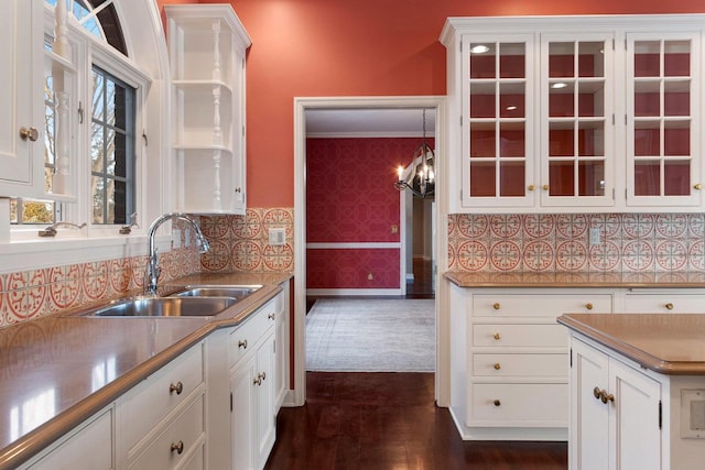 kitchen with white cabinetry, dark wood-type flooring, sink, and decorative backsplash