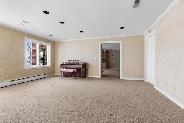 unfurnished room featuring a baseboard radiator, ornamental molding, and light carpet