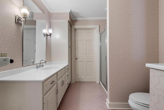 bathroom with crown molding, vanity, toilet, and walk in shower