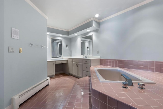 bathroom with tiled bath, vanity, baseboard heating, crown molding, and tile patterned floors