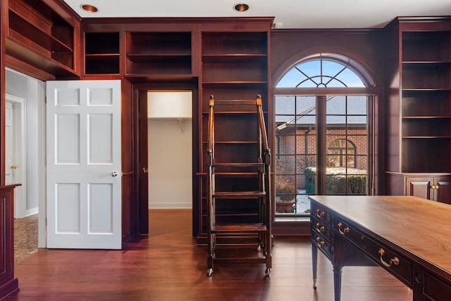 office area with dark hardwood / wood-style flooring