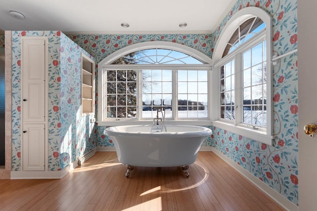 bathroom with wood-type flooring and a bathing tub