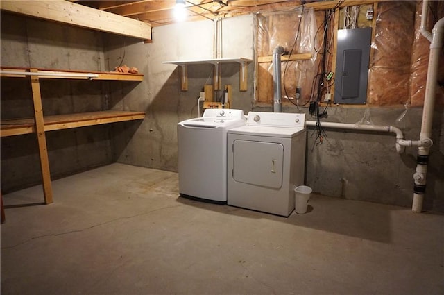 basement with electric panel and washer and clothes dryer