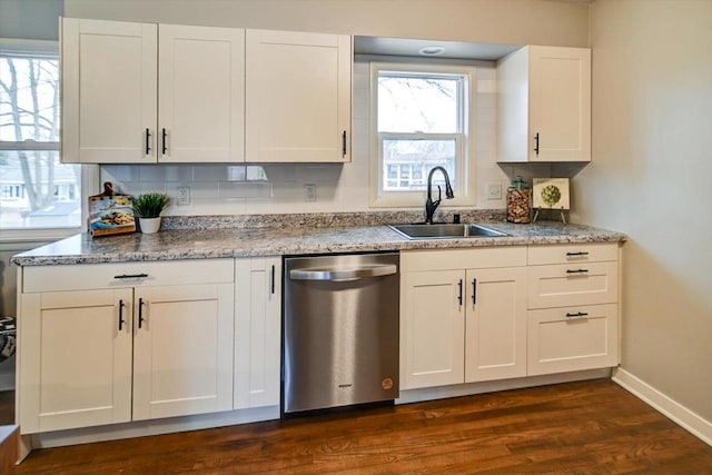 kitchen with dark hardwood / wood-style floors, white cabinetry, sink, backsplash, and stainless steel dishwasher