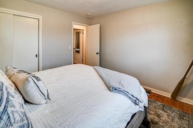 bedroom featuring wood-type flooring and a closet