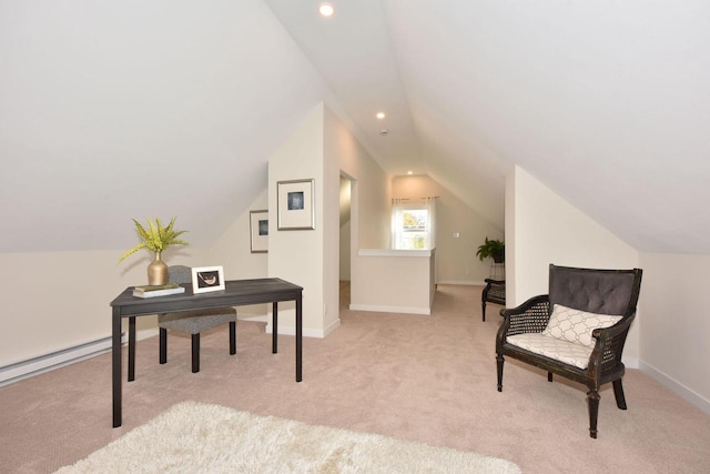 carpeted home office with a baseboard radiator