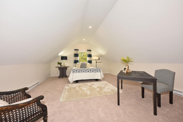 bedroom with a baseboard radiator, lofted ceiling, and light colored carpet