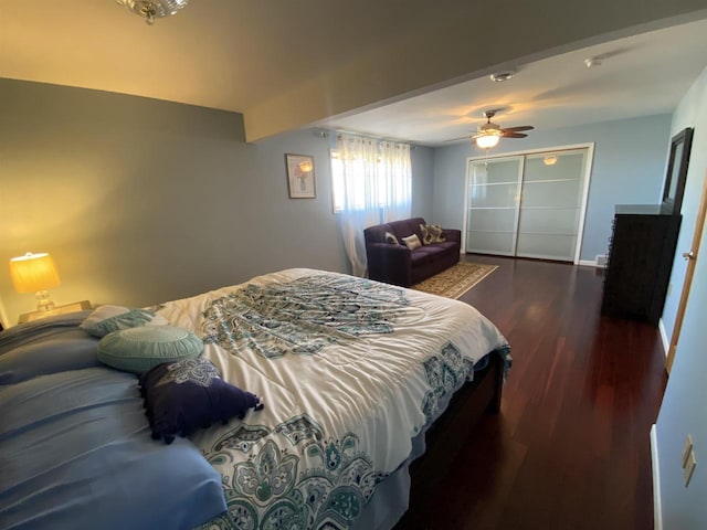 bedroom featuring dark wood-type flooring, a closet, and ceiling fan