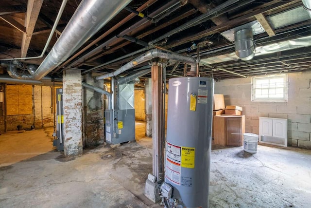 basement with heating unit and gas water heater